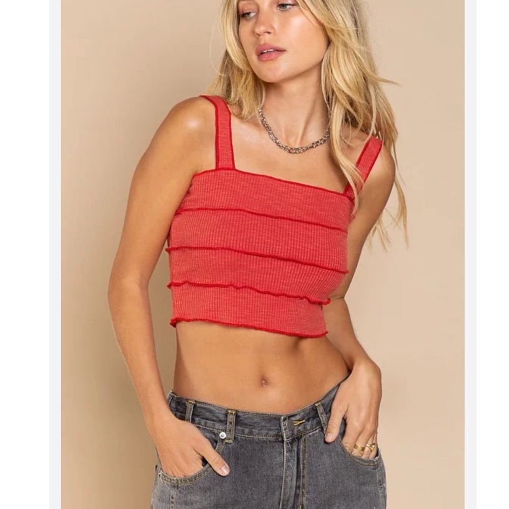 POL Red Ribbed Tiered Ruffle Crop Tank Top Square Neck‎ Womens Small